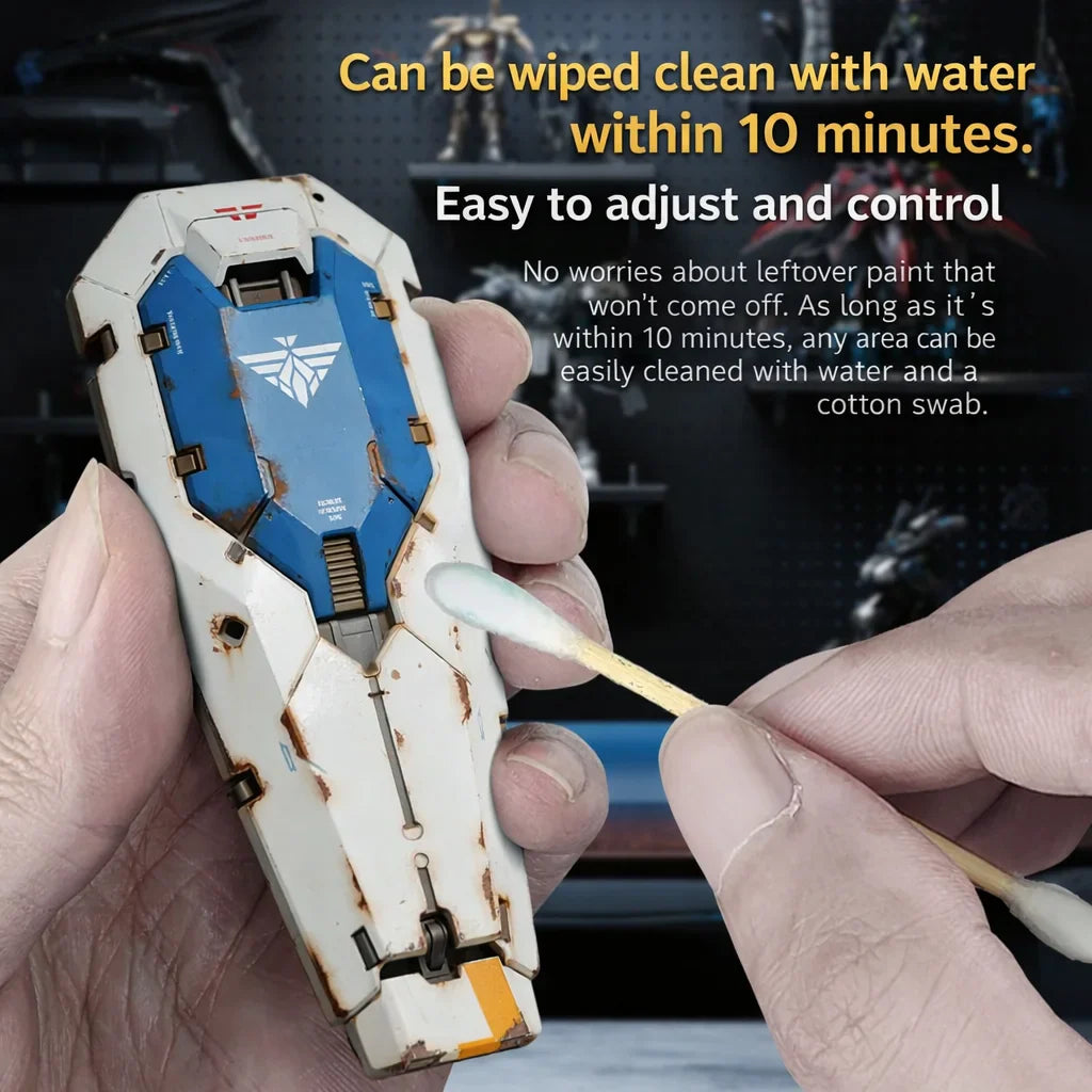 White and blue plastic gundam scale model with rust-colored weathering using stedi weathering wash details
