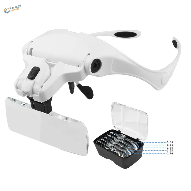 White adjustable LED light headband magnifier with 5 lenses in black case