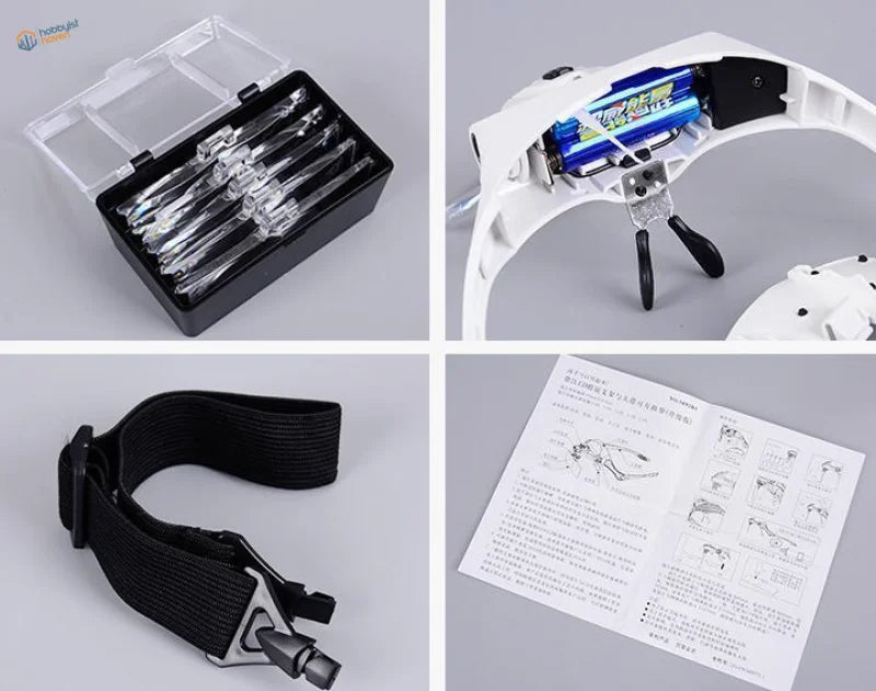 White plastic LED light headband magnifier with black strap and blue batteries