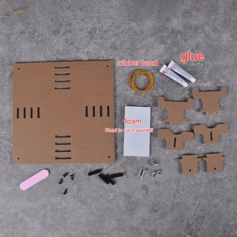 Brown cardboard diy kit with pre-cut pieces rubber band glue tubes foam sheet and metal hardware for adjustable aircraft model painting stand using precision hobby tools