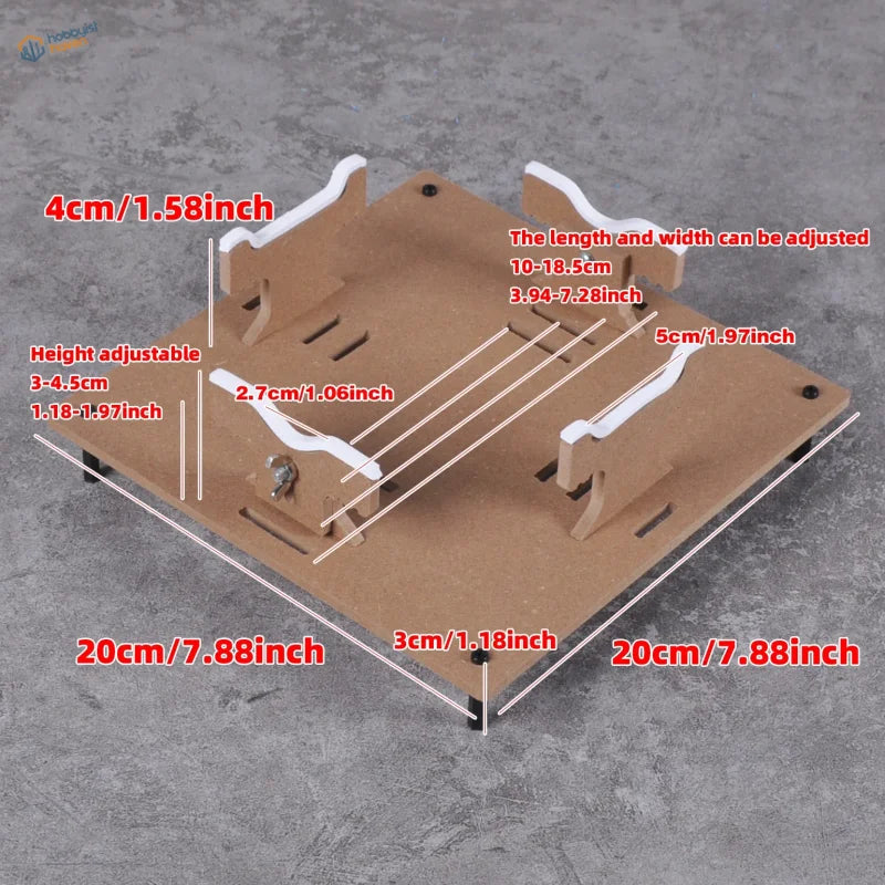 Adjustable brown wooden aircraft model painting stand with white plastic clips and metal hardware for precision hobby tools