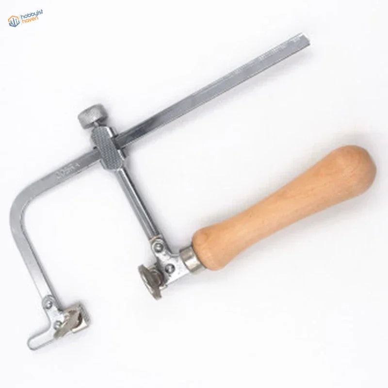 Adjustable wire saw with silver metal frame, light brown wooden handle, and medium-tooth blades rated for precision cutting kit includes 12 blades