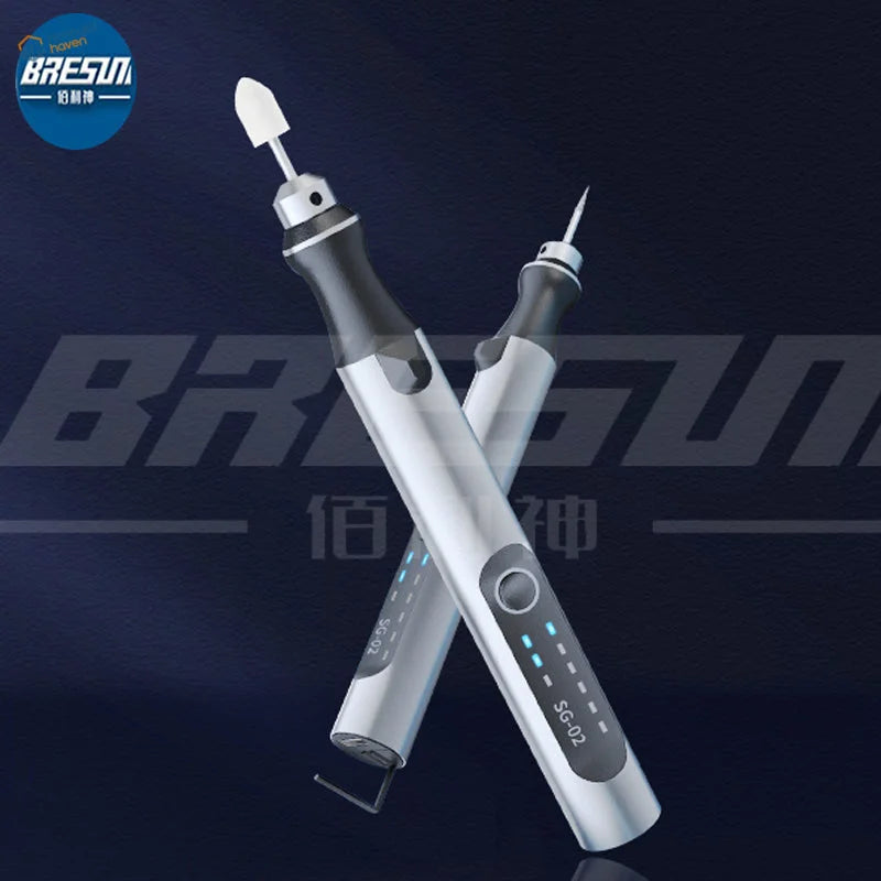 Silver and black Bresun SG-02 electric dental drill with five cutting heads