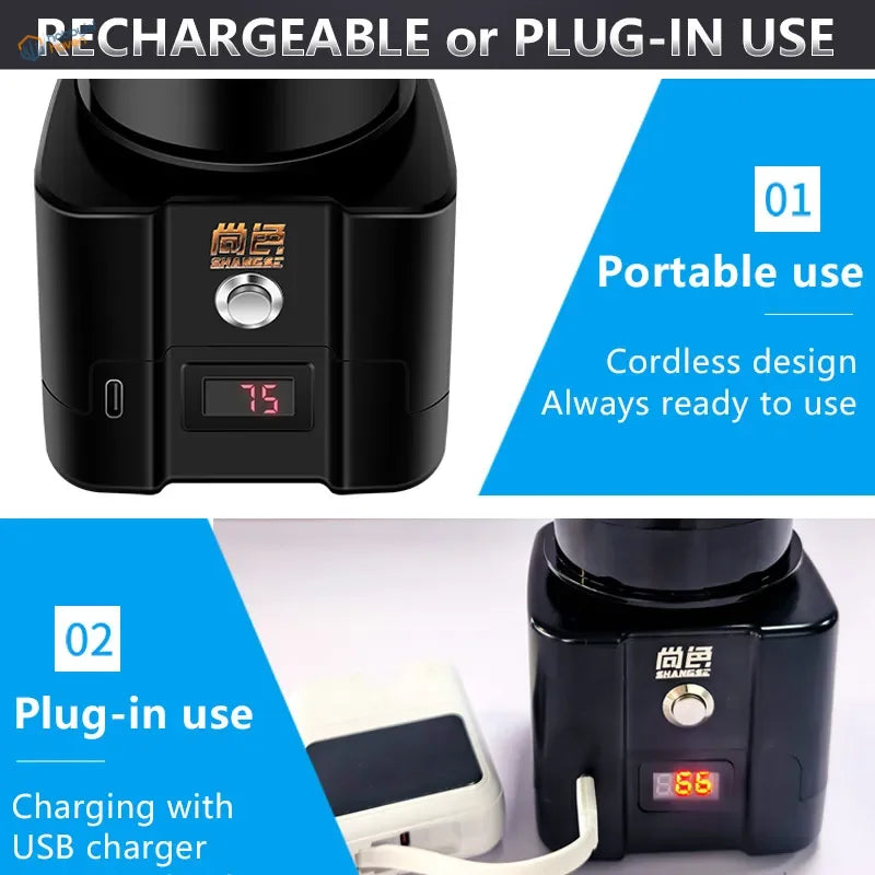 Advanced cordless paint shaker with black portable coffee maker display