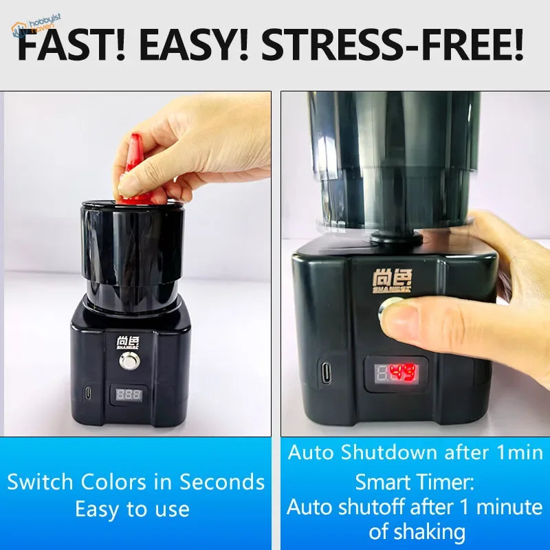 Advanced cordless paint shaker: black cylindrical device with digital display