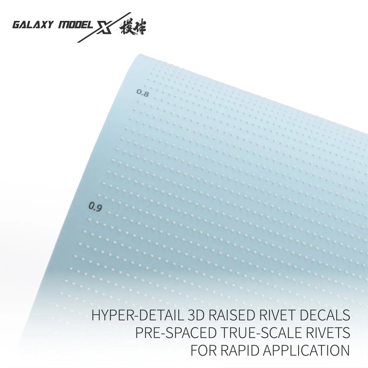 Galaxy Model light blue pre-spaced 3D raised rivet decals for model building