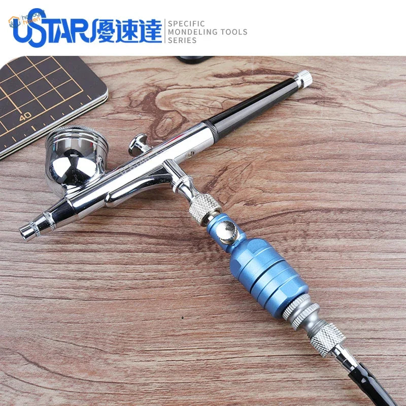 Silver and blue airbrush air filter and MAC valve with black grip