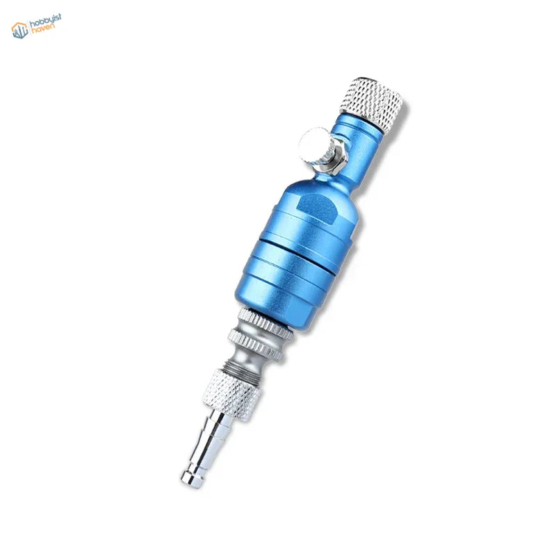 Blue and silver Airbrush Air Filter and MAC Valve with knurled knobs