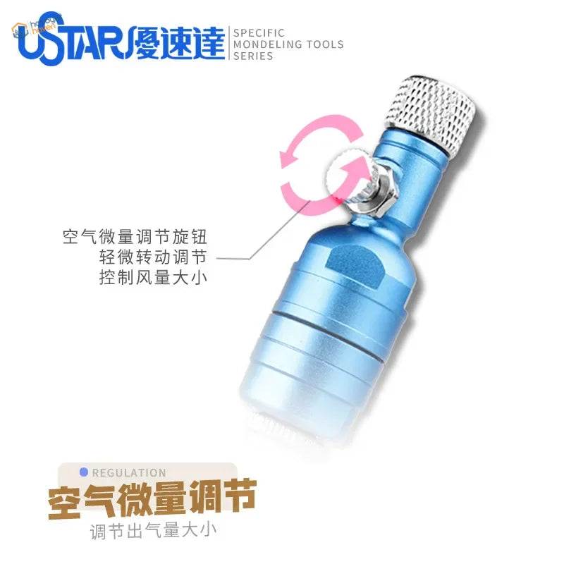 Blue metallic airbrush air filter MAC valve with knurled silver knob