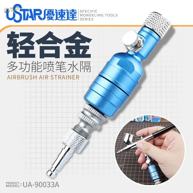 Blue and silver airbrush air filter and MAC valve with knurled grips