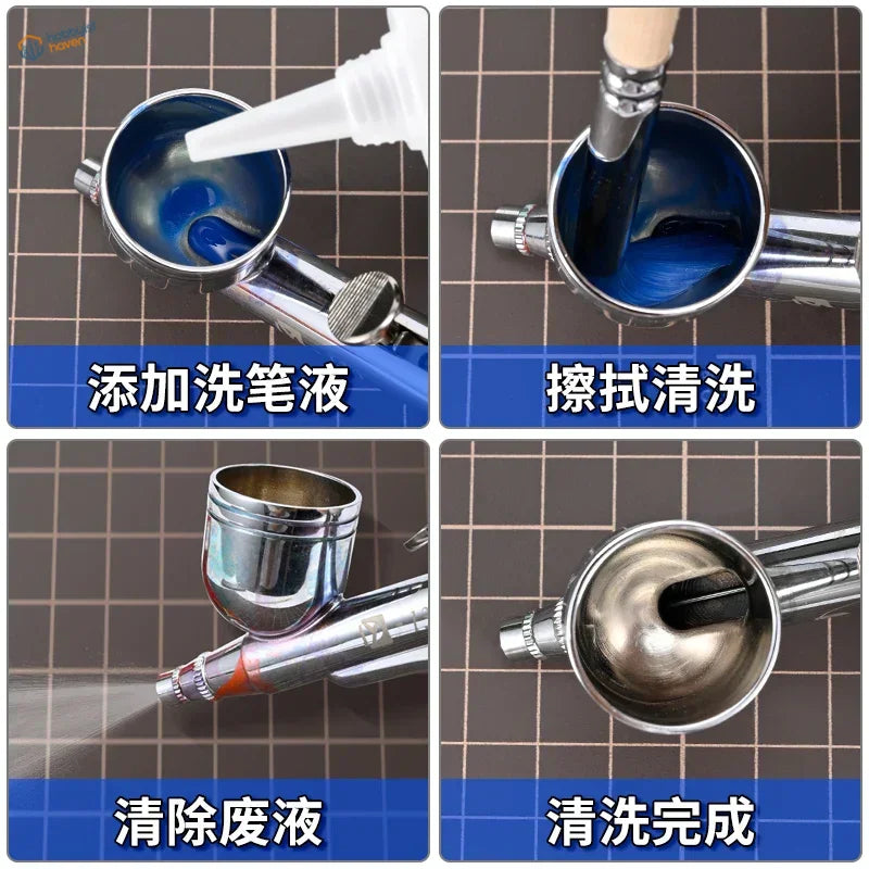 Chrome-finished airbrush cleaning brush with blue cup and clear nozzle