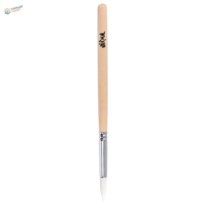 Slender airbrush cleaning brush with light wood handle and fine white bristles