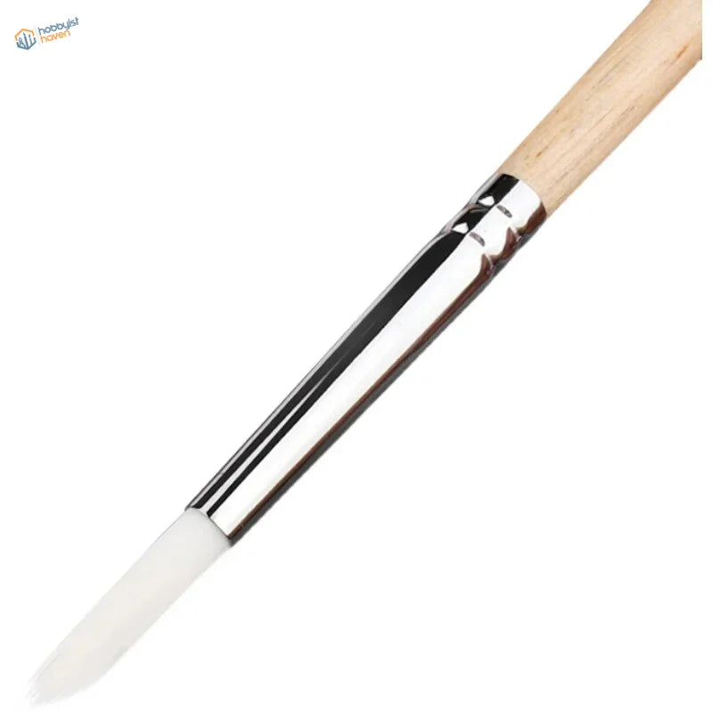 Sleek airbrush cleaning brush with light wood handle and soft white bristles