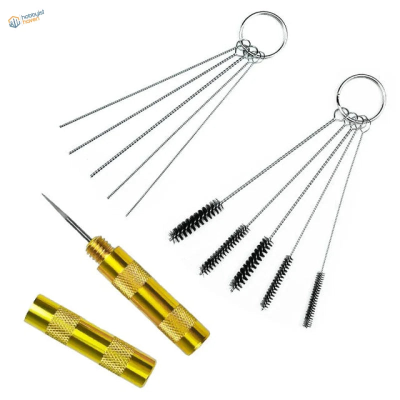 Gold airbrush cleaning set with wire brushes and pointed tool