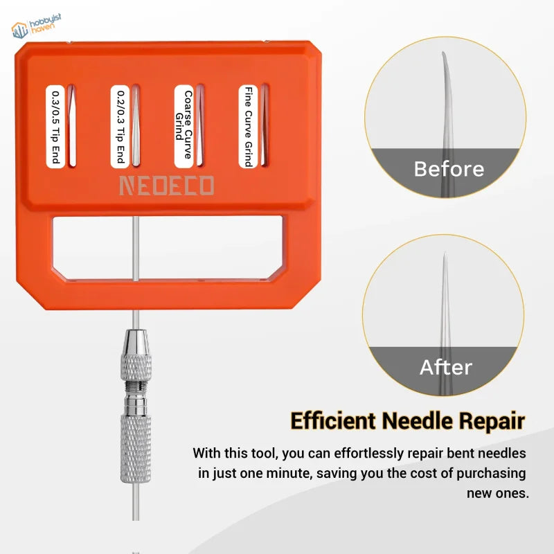 Orange airbrush needle repair tool with metal knobs and grinding tips
