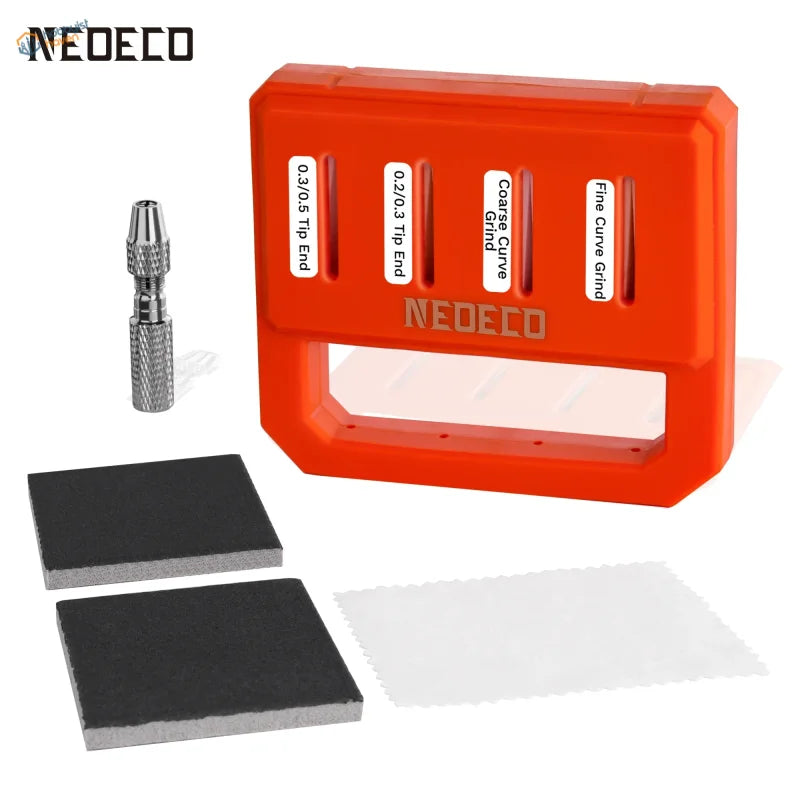 Orange plastic neeoco grinding guide with labeled slots for different grits and a silver metal drill bit.