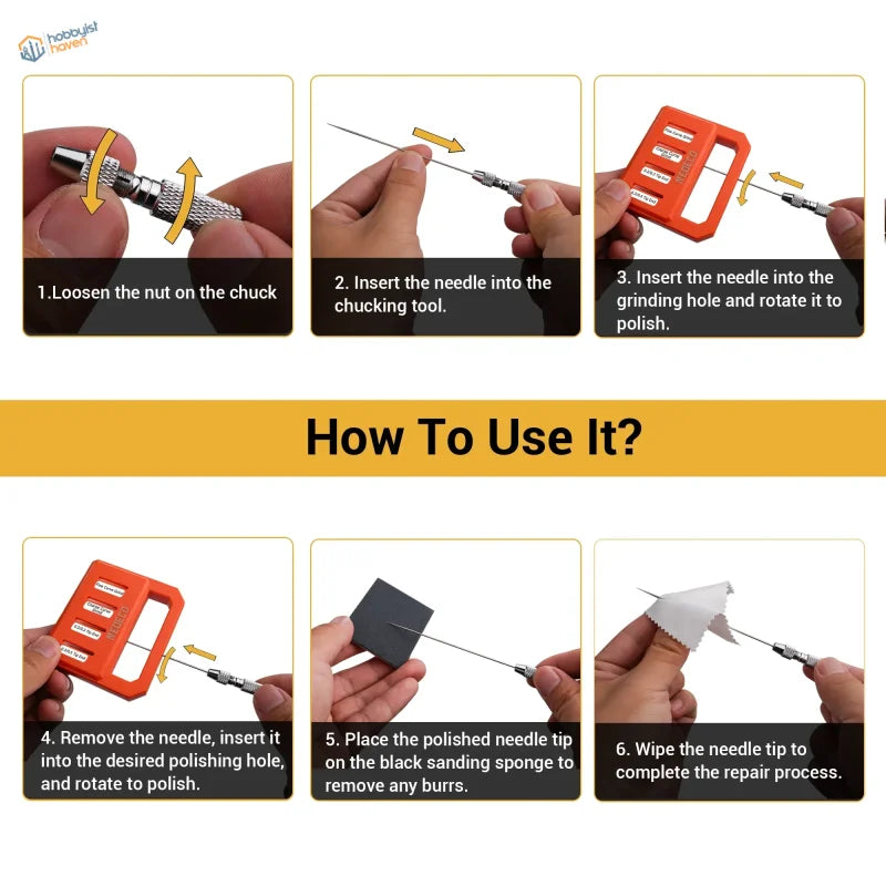 Orange airbrush needle repair tool with metal chuck and threaded shaft