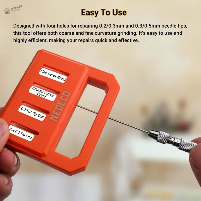Airbrush needle repair tool: orange grinder with settings and metal tool