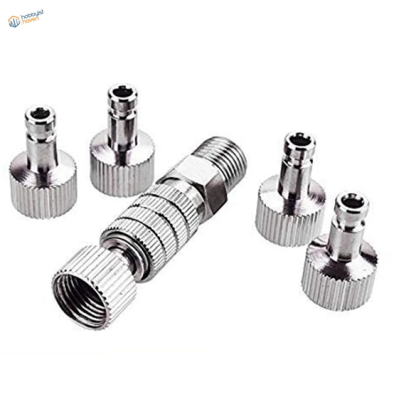 Silver airbrush quick disconnect adapter with threaded nozzle and ribbed grips
