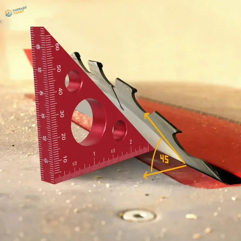 Red aluminum square ruler aligning saw blade at 45-degree angle