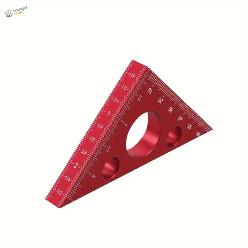 Red aluminum square ruler with metric imperial scales for scale modeling