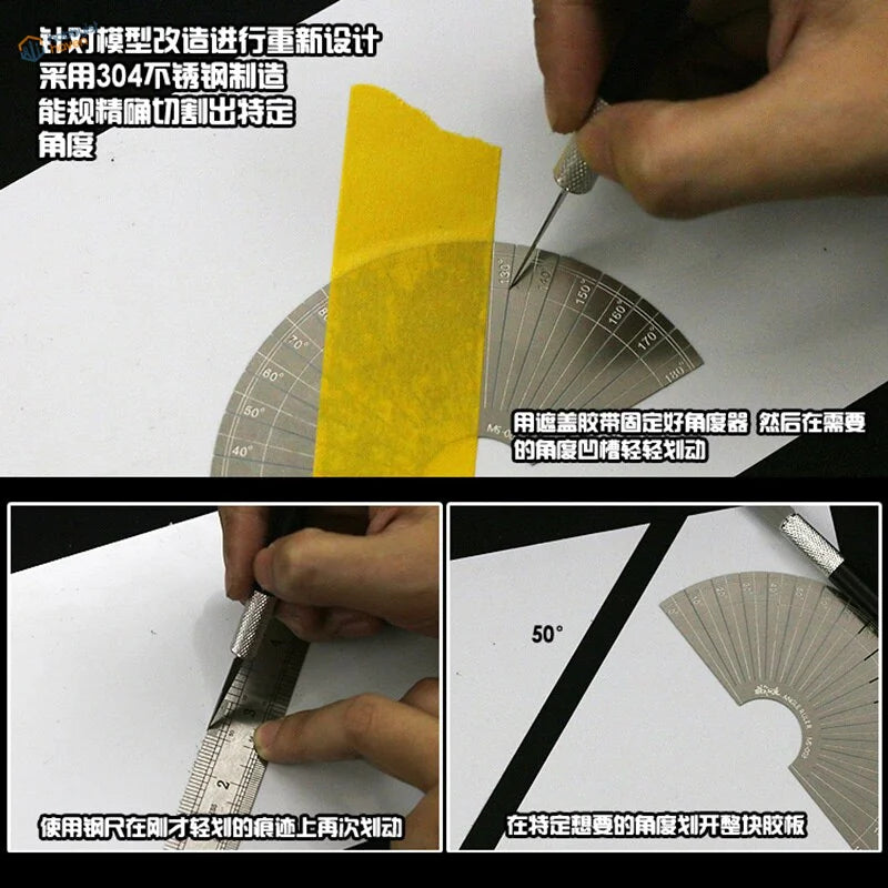 Silver 304 stainless steel angle gauge with degree markings and yellow adhesive strip for precise cutting in Angle Measuring / Masking Tape Cutting Tool