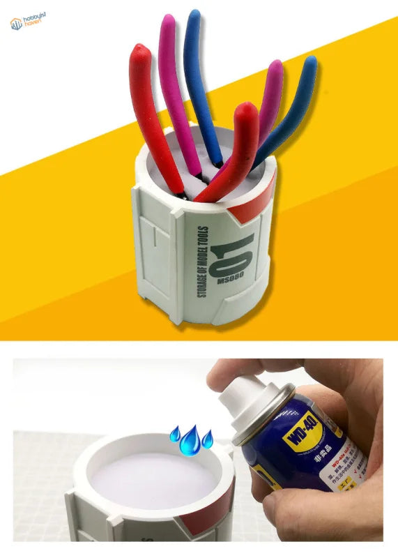 Anti-rust storage for precision hobby tools with white red holder and colorful pliers
