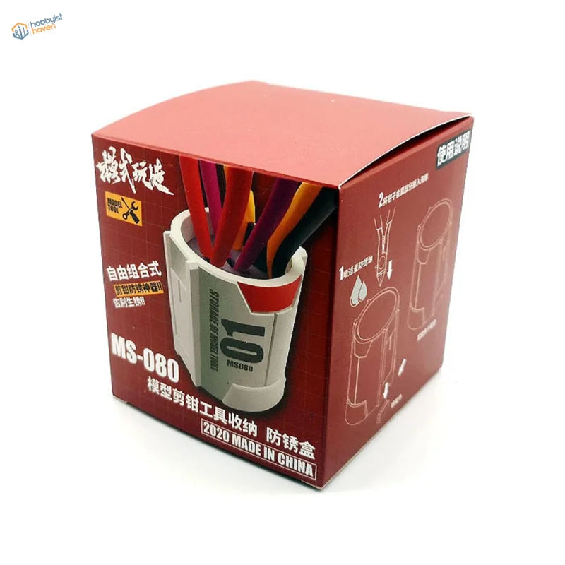 Red and white Gundam MS-080 anti-rust storage for precision hobby tools