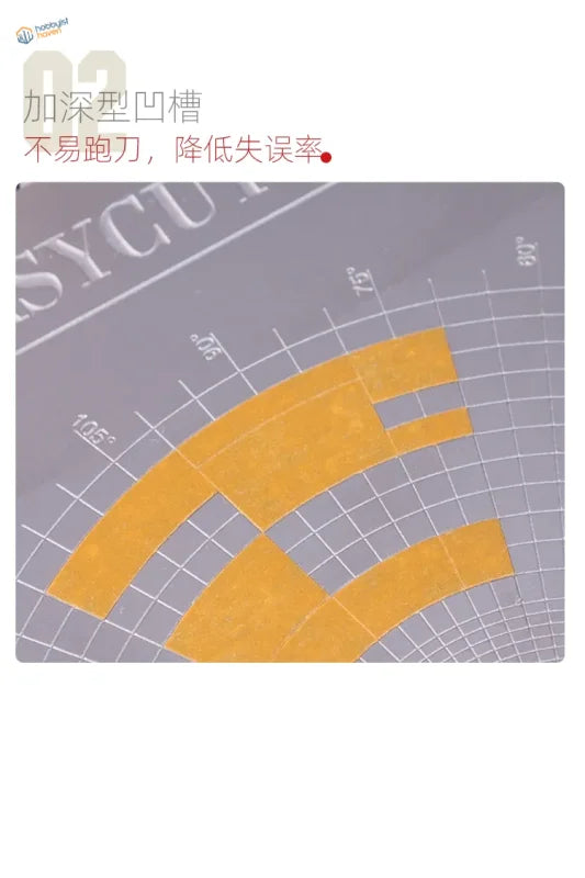 Gray cutting mat with yellow arcs circles cutting template adhesive strips