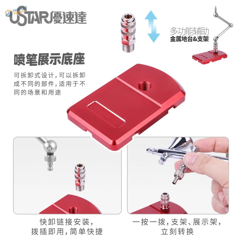 Red aluminum alloy base for articulated multifunctional stand with clamp