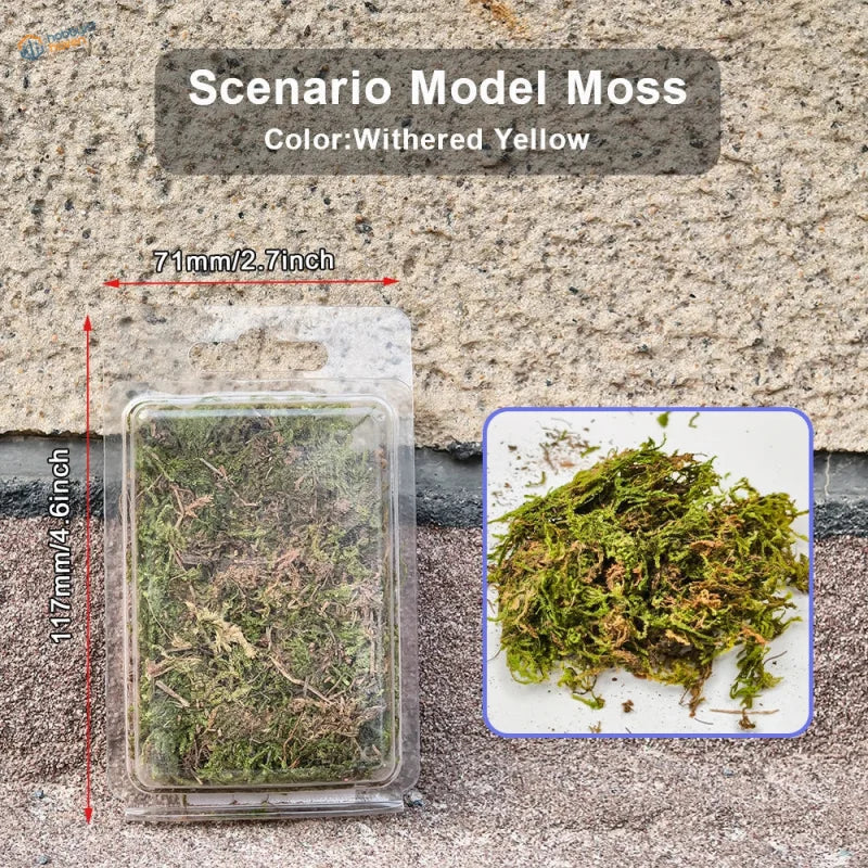 Withered yellow artificial green moss in package for scale models