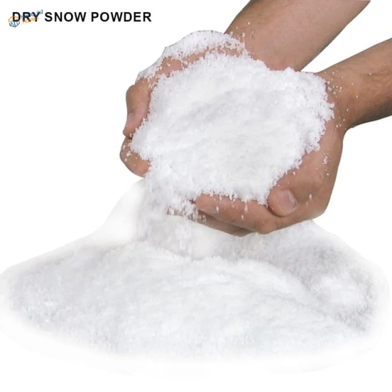 White fluffy artificial snow powder held in cupped hands