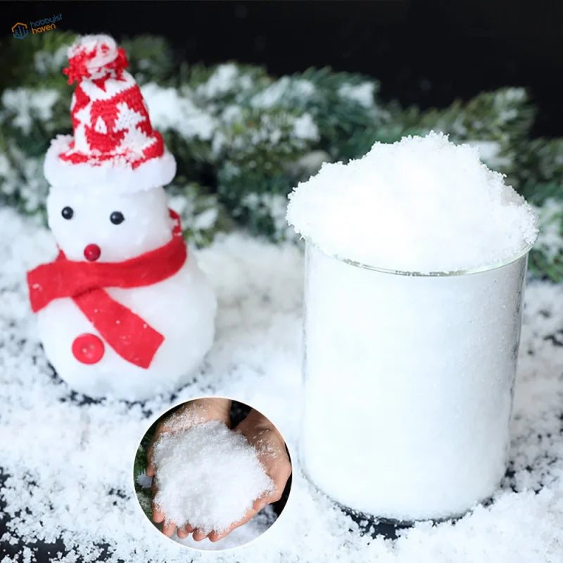 White fluffy artificial snow powder in clear glass container, 10g