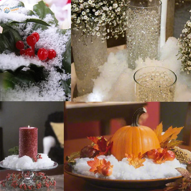 Orange pumpkin centerpiece with artificial snow powder, autumn leaves, berries