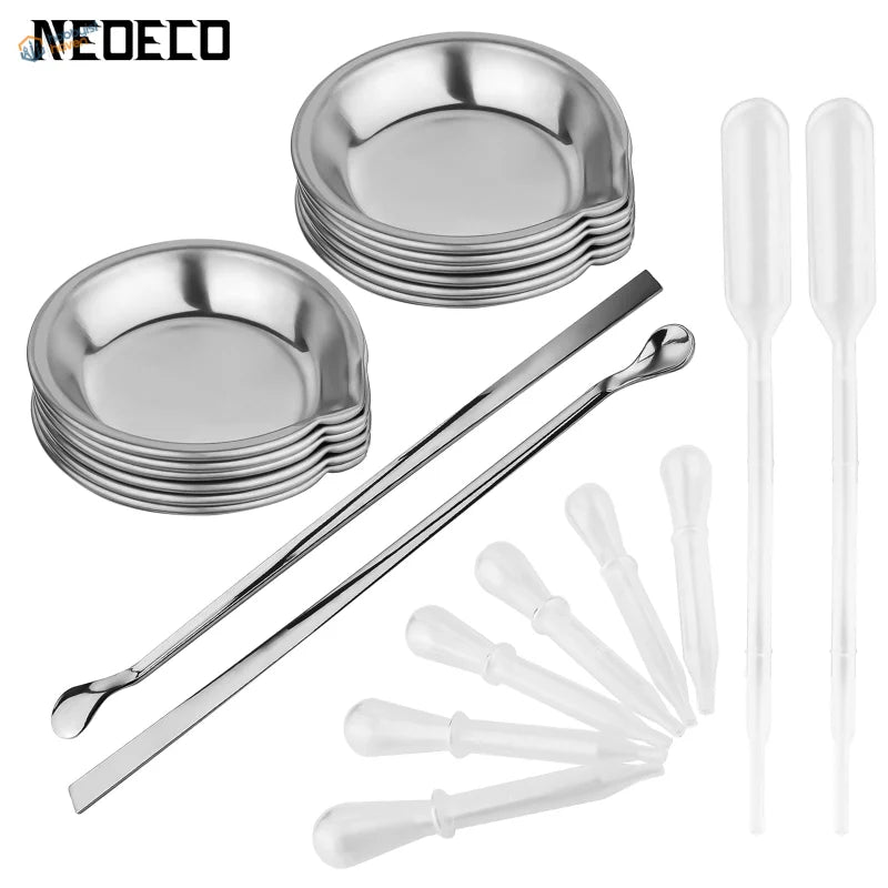 Shiny stainless steel mixing bowls in assorted accessories set for paint mixing