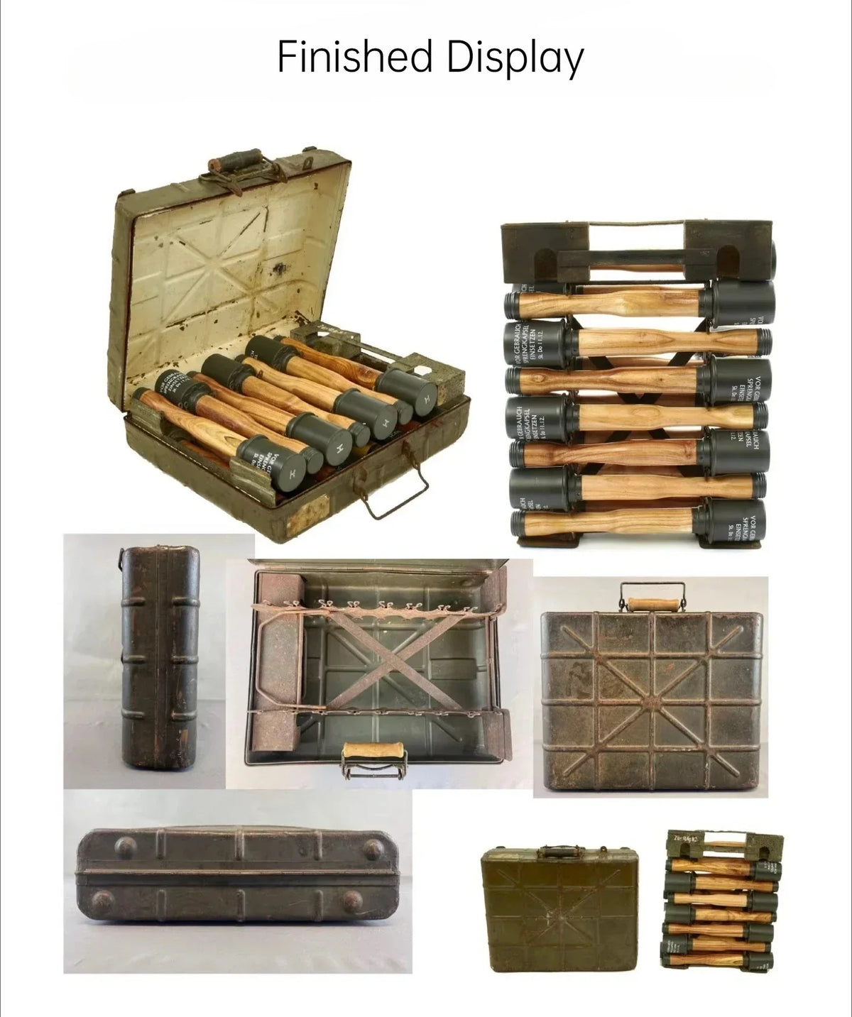 1/35 scale model German M24 grenade cases with olive green metal and wooden handles