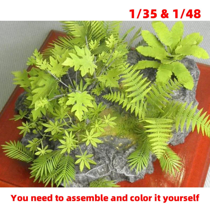 Diorama jungle plants lime-green plastic foliage set on gray rock base for scale modeling tools and precision hobby tools