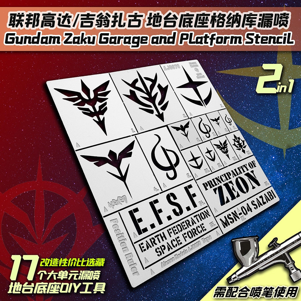Gundam Zaku garage stencil with Zeon logos and E.F.S.F. text