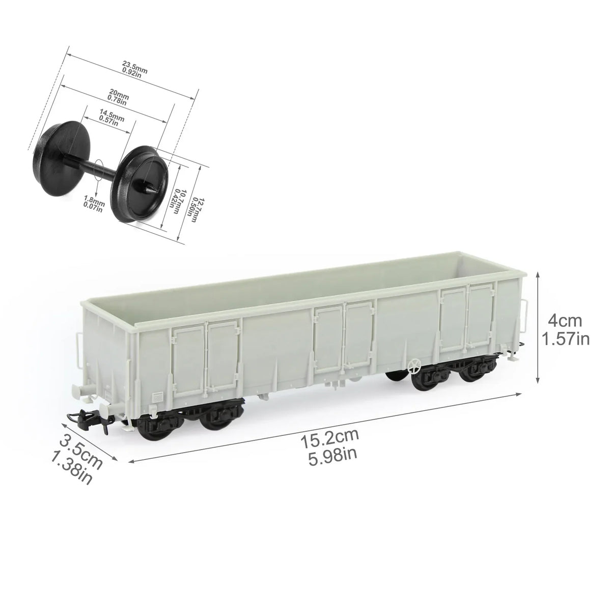 Ho scale 1:87 gray plastic gondola wagon with black wheels and detailed side panels for scale modeling tools and model building tools