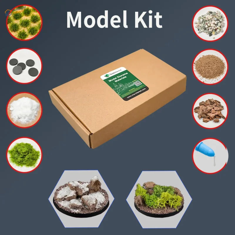 Basing set for miniatures with grass powder, moss, gravel in model kit box