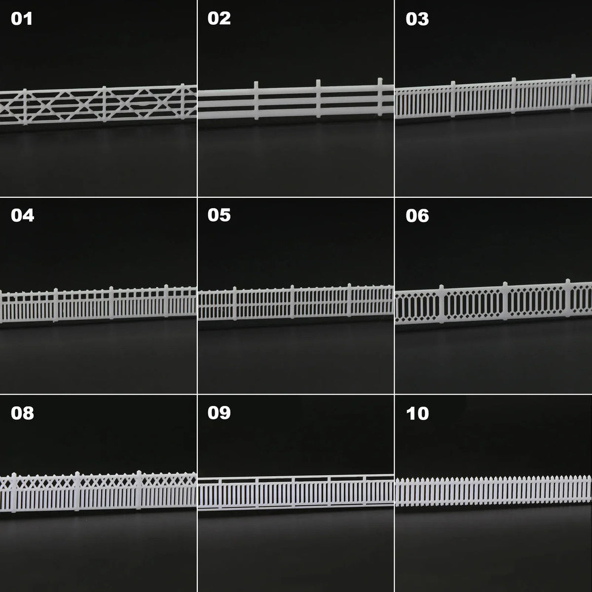 N scale white plastic garden fence panels with lattice-top picket and decorative designs for station platform models