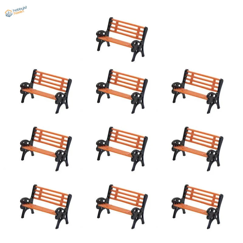 Detailed benches with black metal frames for rail transport modeling