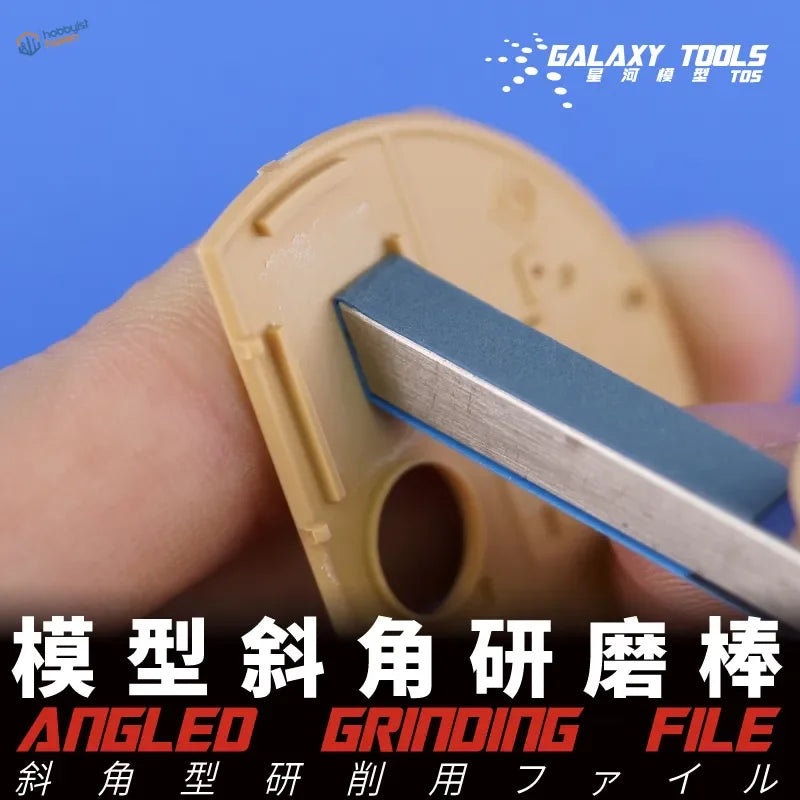 Bevel sanding stick with beige plastic handle and blue-edged abrasive surface