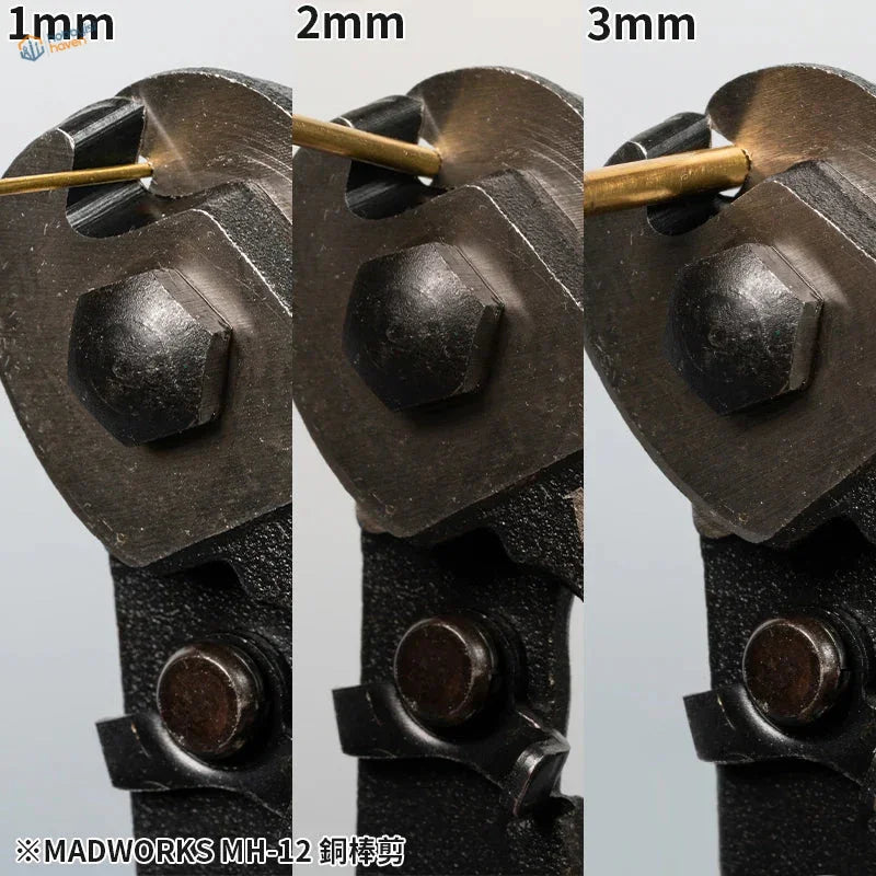 Brass copper rod cutter with black metal body, hex knob and brass jaws on 3 wire sizes