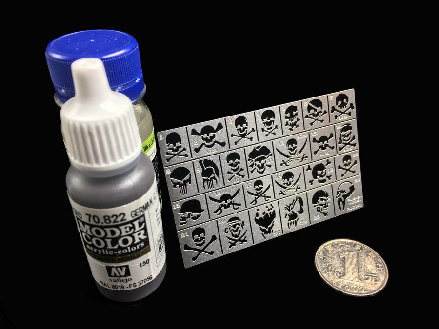 Silver pirate skull pattern stencils sheet with black crossbones designs