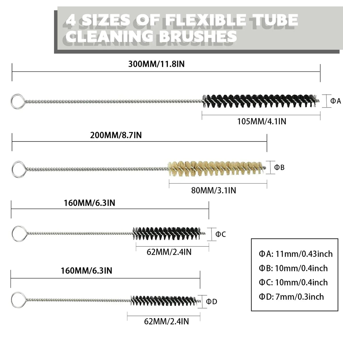 Professional airbrush cleaning kit: 4 flexible tube brushes with stainless steel handles