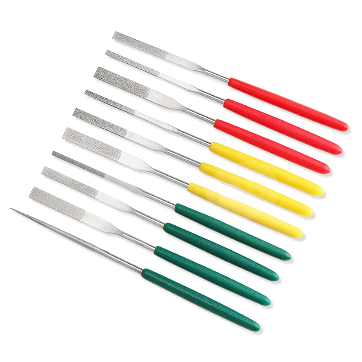 Set of ten diamond-coated mini files with colorful red yellow and green handles for precision scale modeling tasks