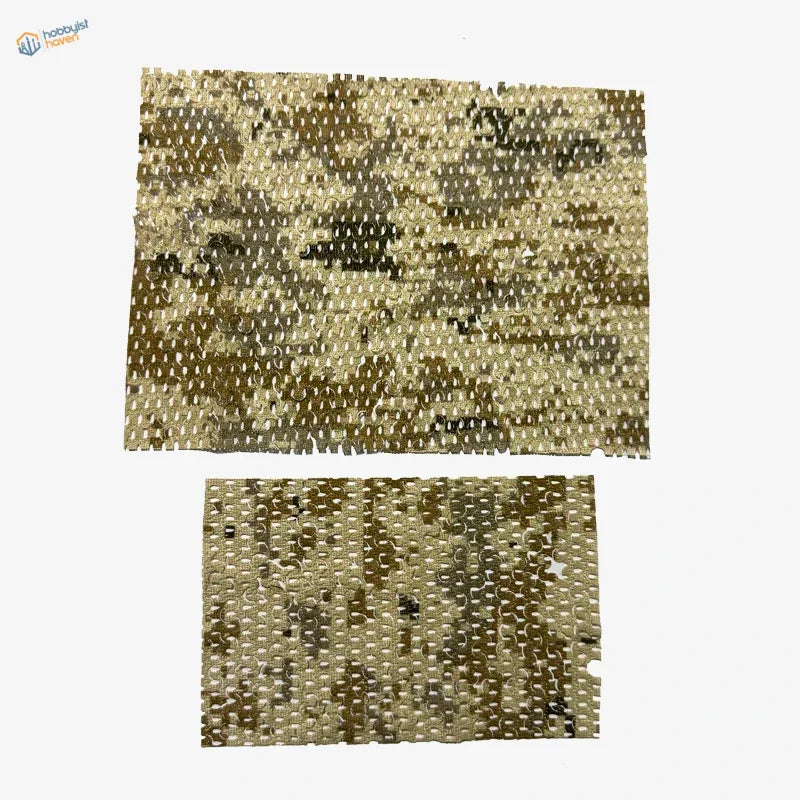 Two rectangular pieces of flexible metallic camouflage netting fabric in gold beige and dark brown for train layouts and scale dioramas
