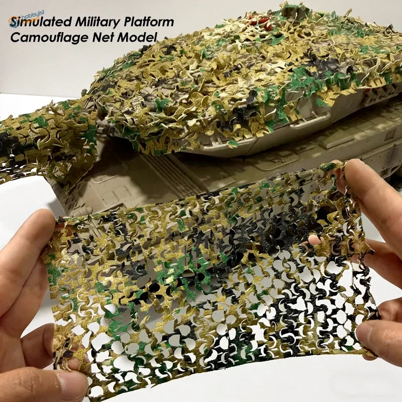 Camouflage netting fabric with leafy green brown and black pattern flexible cloth for train layouts and scale dioramas