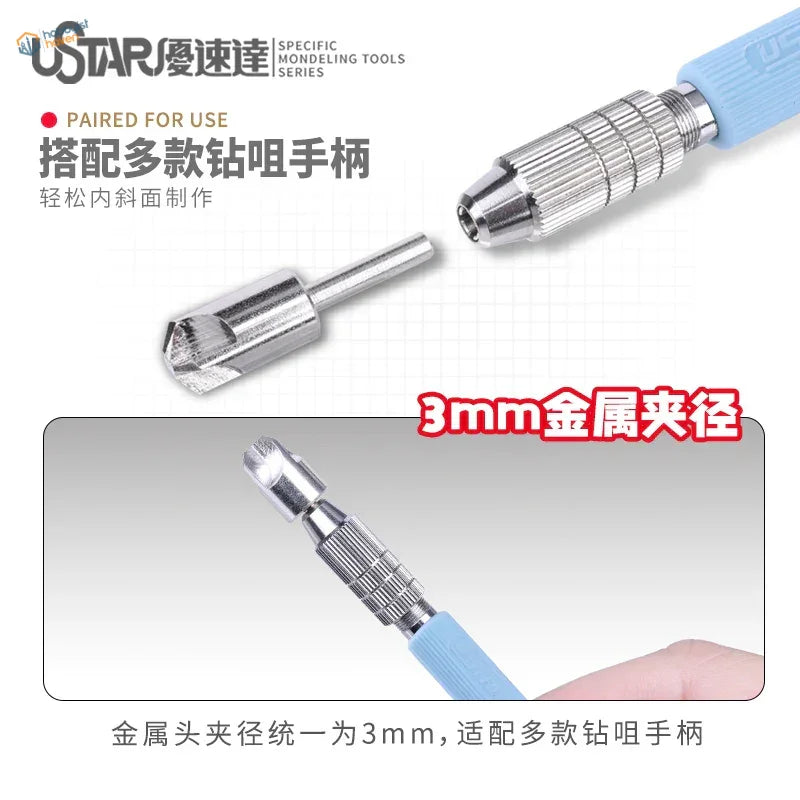 Circular chamfering tool with light blue handle, 3mm clamp, textured grip